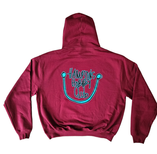 Burgundy Hobby Club Hoodie with Peacock Blue